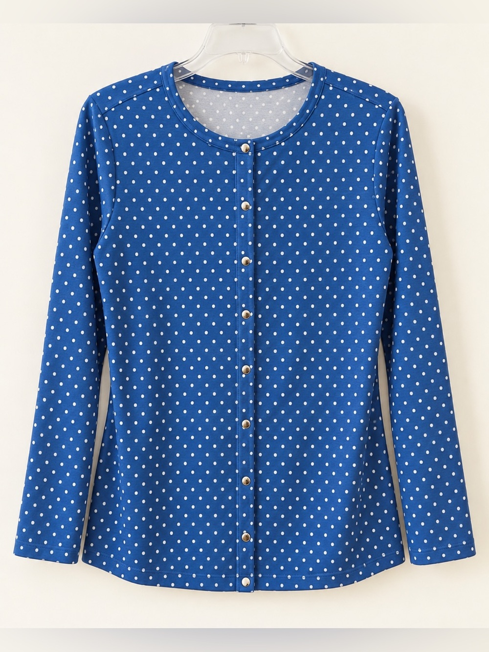 Susan Graver Blue White Dot Silver Snap Front Cardigan NWOT S #2023